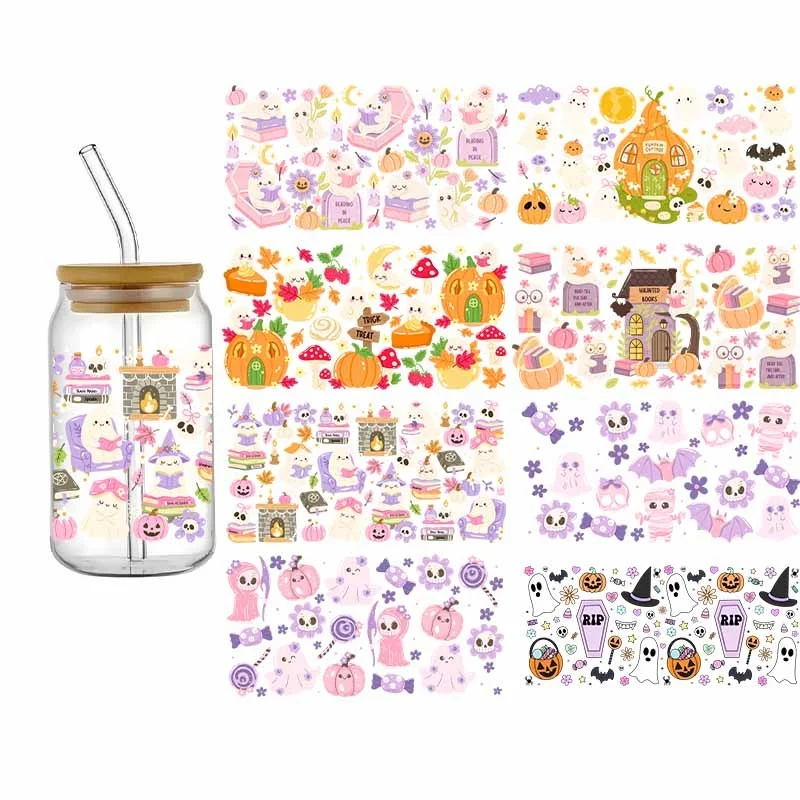 3D UV DTF Transfers Stickers 16oz Cup Wraps Halloween Spooky Books Printed For DIY Glass Pumpkin Decals DIY