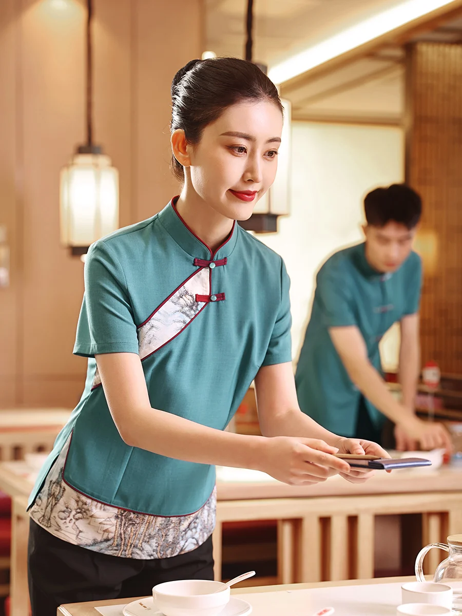 Customized Hotel Waiter Shirt and Apron Set Female Chinese Restaurant Short-sleeved Summer Traditional Blue Work Uniform LOGO