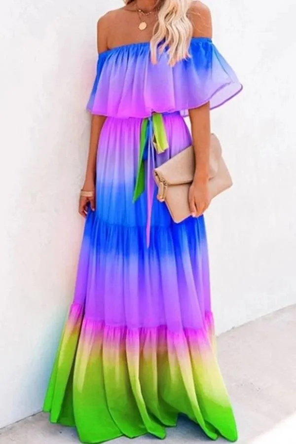 

Fashion Printed Dress Sexy Off Shoulder One-length Neck Petal Sleeves High Waist Lace Up Big Hem Long Dress Lady Beach Vacation
