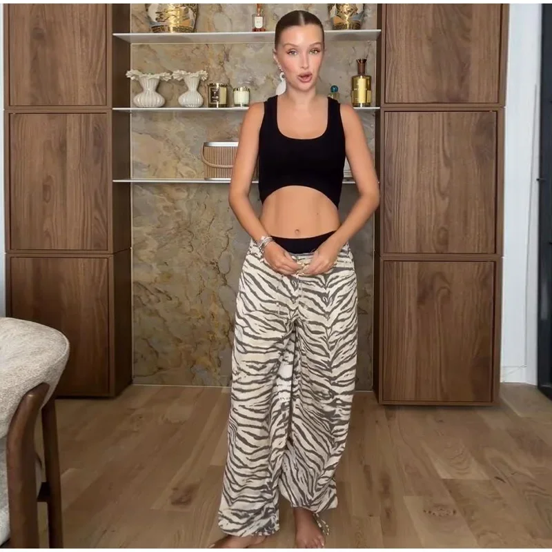 Damen-Freizeithose mit Zebramuster, Kordelzug, elastische Taille, verstellbare Bindebänder am Saum, lockeres, weites Bein, für den täglichen Gebrauch, Streetwear-Hose – Detail 2