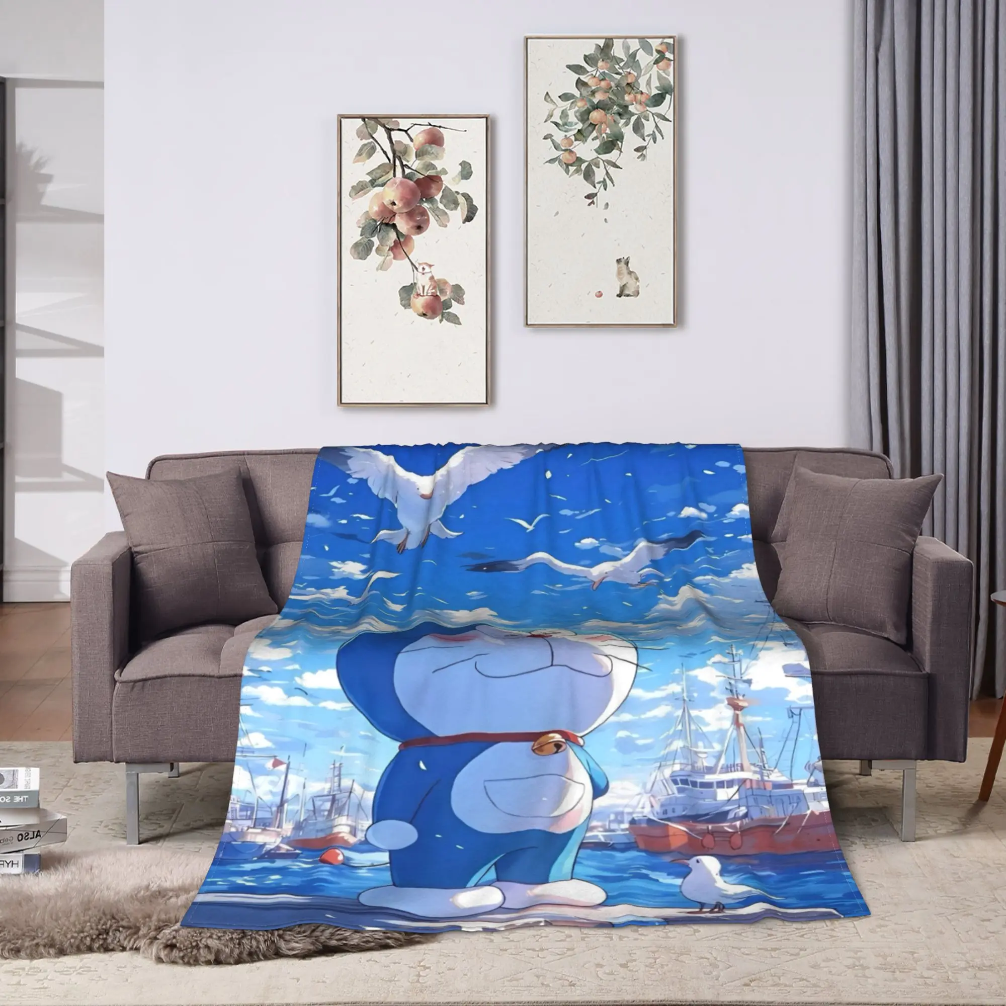 Doraemons Seagull Sky Blanket  Warm Soft Street Trend Plush Throw Blanket For Boy Girl Outdoor Flannel Bedspread Bed Cover