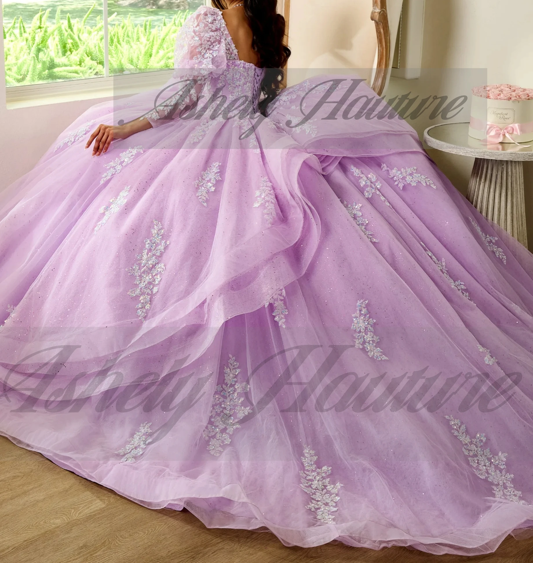 Urocza jakość Fuchia Sukienki Quinceanera z długim rękawem Koronkowa aplikacja Gorset Suknia balowa Kobiety Ślub Impreza Prom Sweet 15 16