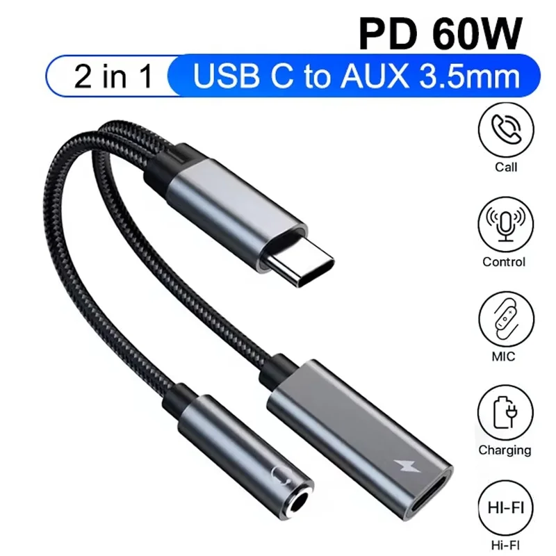 2 In 1 Type C Headphone Adapter With 3.5mm Jack Audio Converter PD 60W Fast Charging Port For Xiaomi Redmi Realme Oppo Vivo Kit