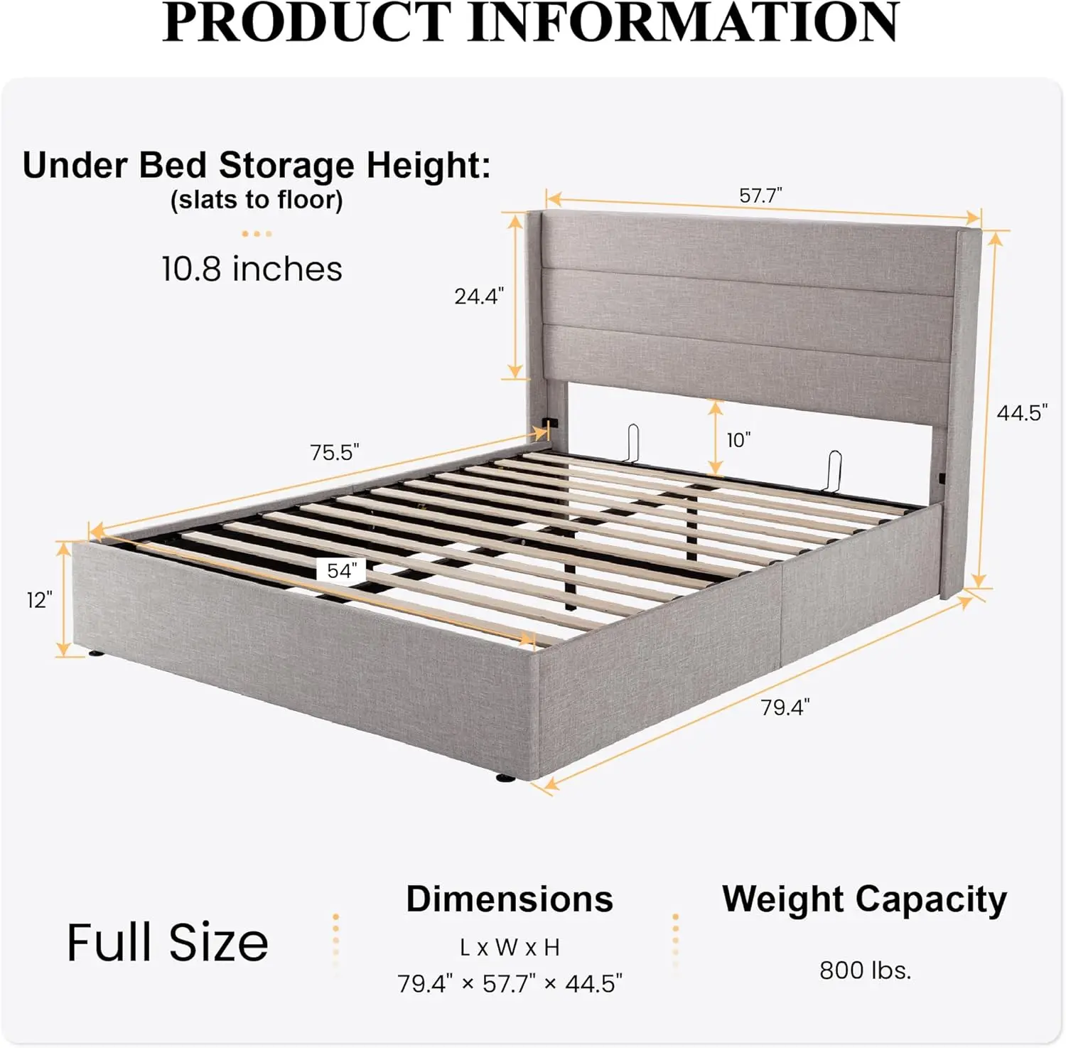 Full Size Lift Up Storage Bed/Modern Wingback Headboard/Upholstered Platform Bed Frame/Hydraulic Storage, Light Beige