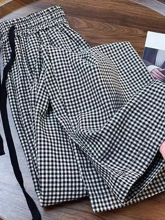 

Summer Thin High Waist Straight Leg Loose Casual Pants Women's Bf Lazy Sle Outerwear Slimming Effect Plaid Trousers