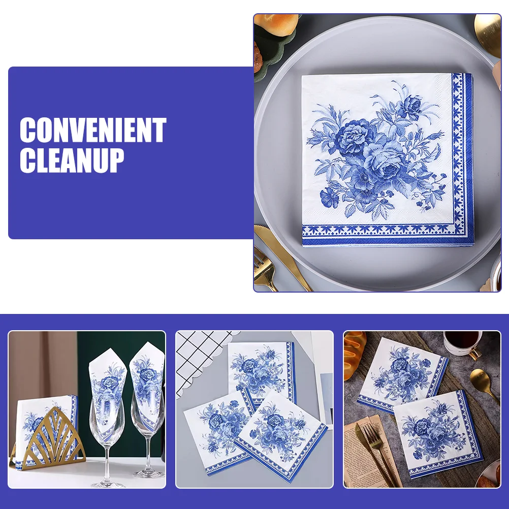 100 Pcs Blue and White Napkin Floral Tablecloth Chinese Style Paper Napkins Cocltail Chinoiserie Decorative Party Decorations