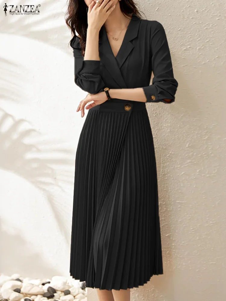 ZANZEA 2025 Jesienna Elegancka Sukienka z Kołnierzykiem, Długi Rękaw, Sukienki Biurowe Damskie, Jednolita Plisowana Sukienka Letnia, Stylowa Sukienka Midi z Podkreśloną Talia, Vestido