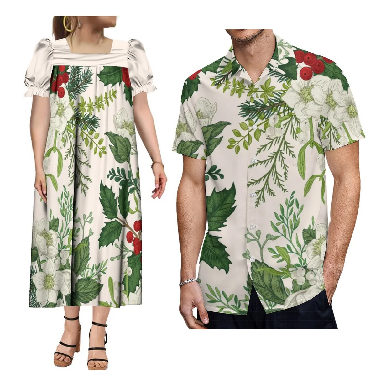 

Couple Set Mumu Puffy Sleeve Dress Banquet Evening Dress With Hawaiian Men'S Shirt Group Dress Polynesian Design Print