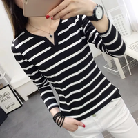 Autumn Slimming Striped V-neck Long Sleeve T-shirt Women's Top Trendy Base Layer Shirt For Students