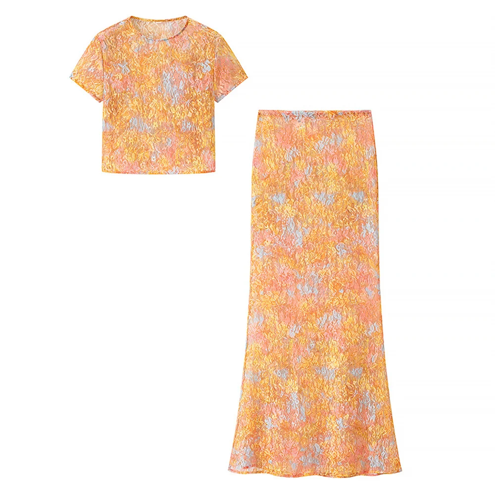 

European and American style foreign trade women's clothing new 2025 fashion round neck printed crop top half skirt set