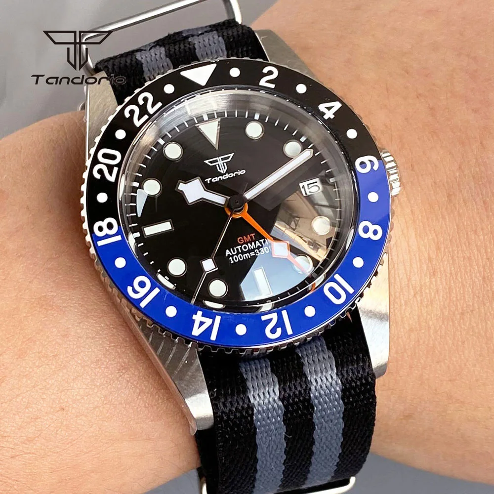 Tandorio GMT 38mm Automatic NH34 Men\'s Watch Sapphire 20BAR Diver Date Mechanical Watches 24H Bezel Stainless Steel Wristwatch