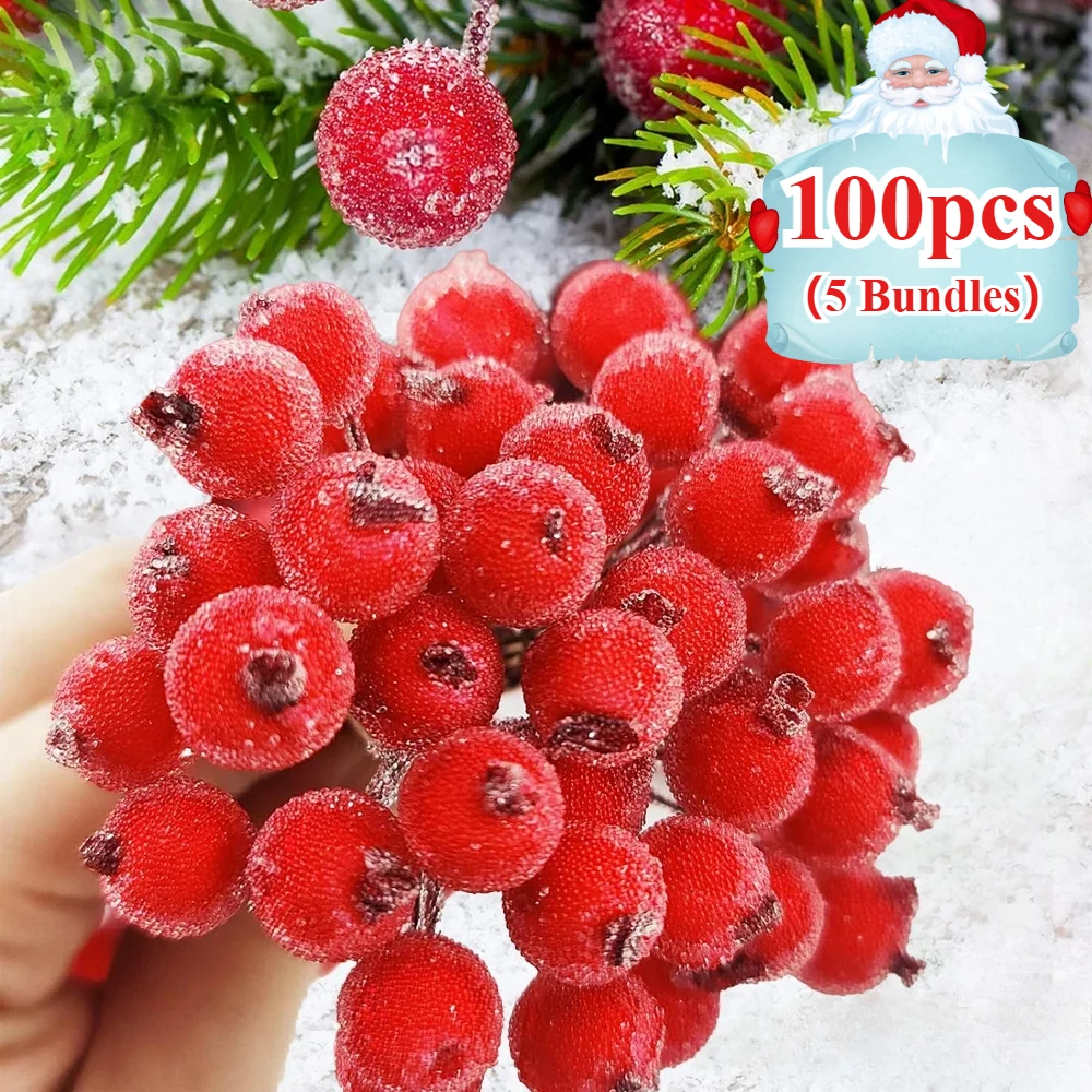 100/20Pcs Artificial Frosted Holly Berries Mini Christmas Fake Fruit Berries Bouquet Stamen For DIY Wreath Xmas Party Decoration