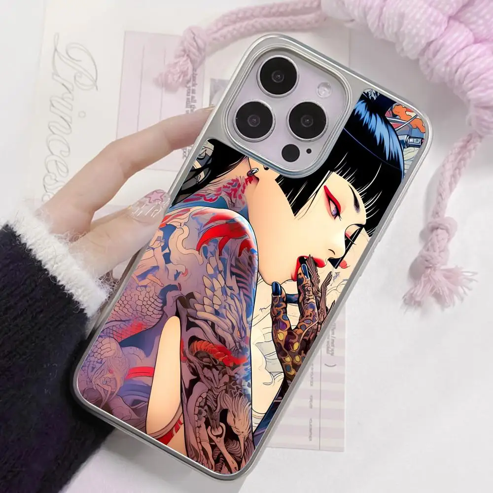 

Geisha Tattoos Mobile Phone Case for iPhone 17 16 15 14 13 12 11 Air Pro Max Plus Silver Plating Colorful Cover Luxury Cover