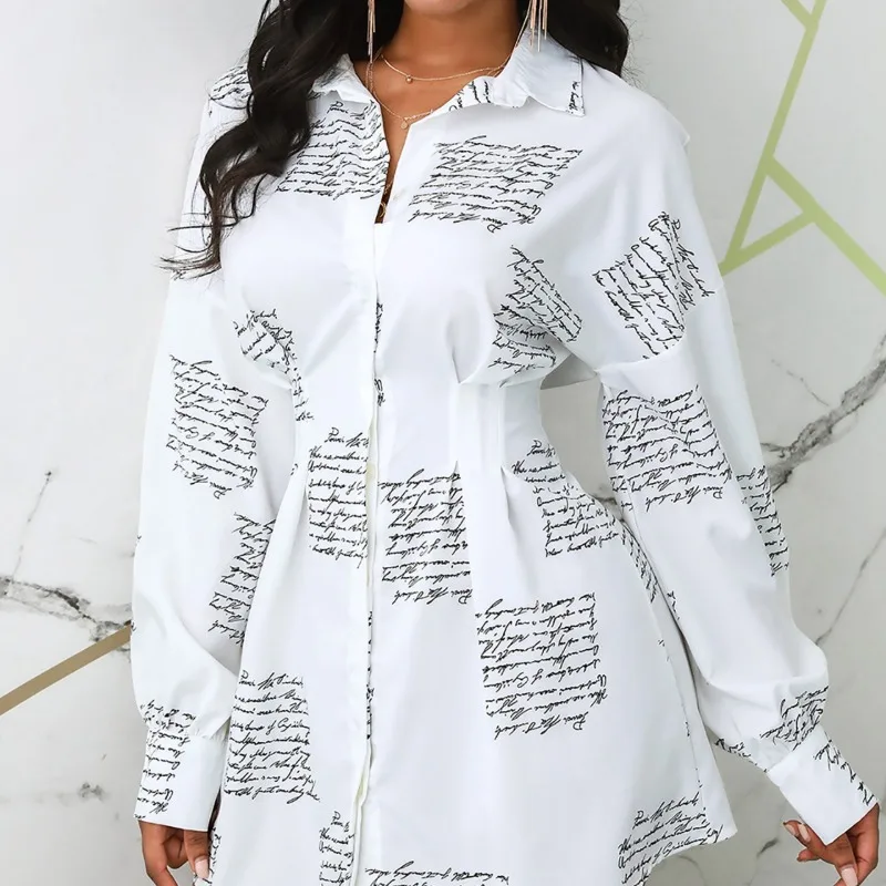 2024 Spring Summer New Women's Lapel Lantern Sleeve Letter Print Shirt Dress Single Breasted Shirts