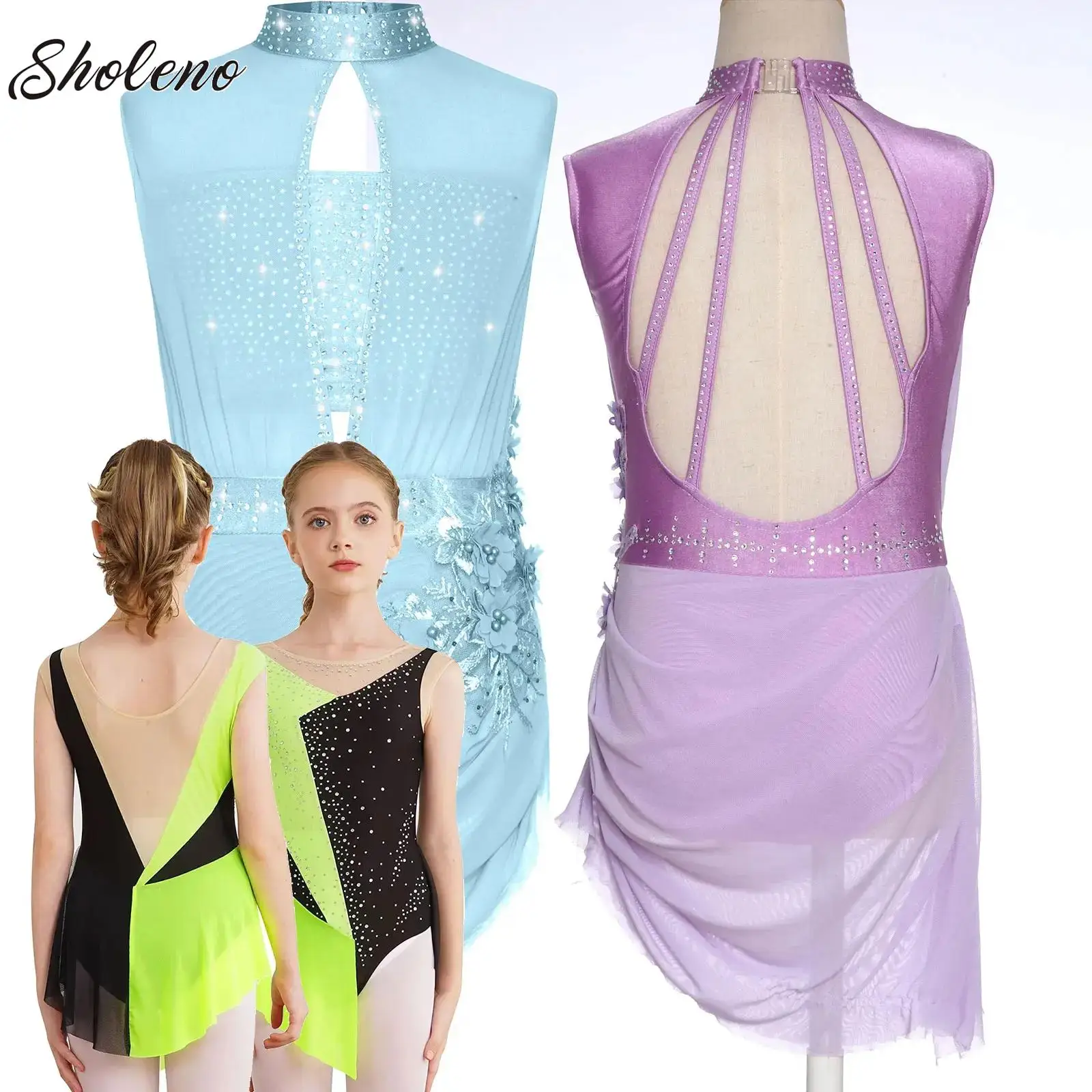 

Kids Girls Figure Skating Dance Dress Lyrical Costume Sleeveless Backless Cutout Mesh Overlay Rhinestones Applique Tutu Dress