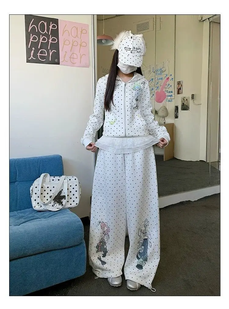 Sweet Harajuku Kawaii Polka Dot Wide Leg Sweatpants Anime Girl Graphic Print Elastic Waist Loose Aesthetic Casual Y2K Trousers