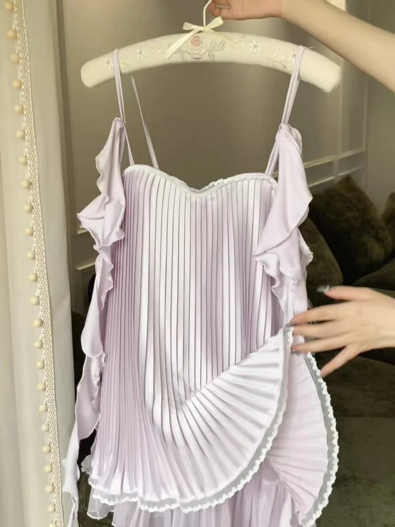 Sweet Sleepwear Women Soft Silk Chiffon Pleated Suspender Pajama Off Shoulder Lingerie Sexy Loose Puff Wrinkle Nightgowns 2026 3