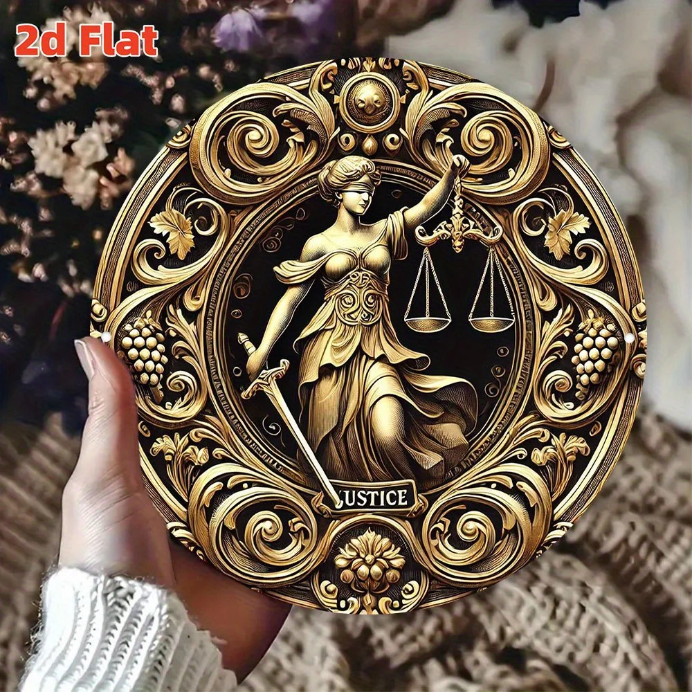لوحة فنية جدارية مسطحة ثنائية الأبعاد، آلهة العدالة المسطحة ثنائية الأبعاد - سيدة العدالة مع الموازين والسيف تحمز الجنية والحماية، متينة أ