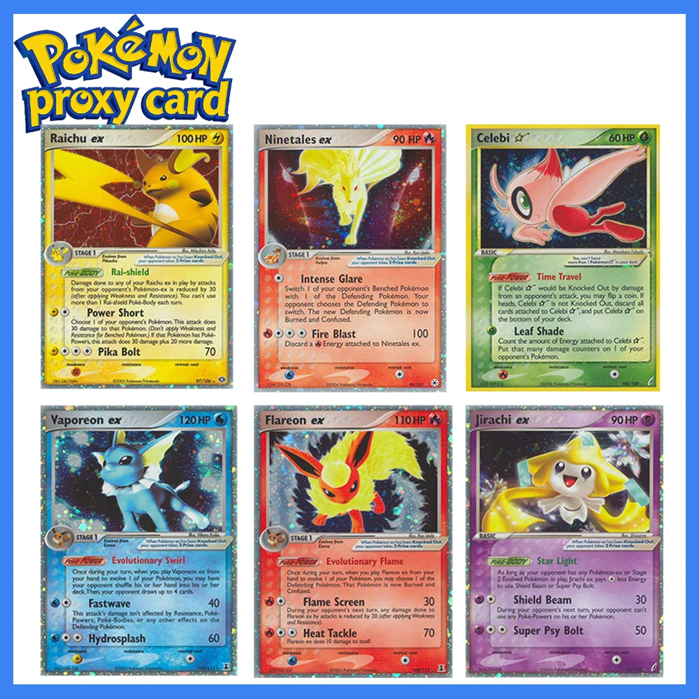 Cartas PTCG Raras Holo: Raichu, Vaporeon, Celebi, Jirachi EX, Blastoise - Coleção de Cartas de Jogo com Efeito Foil, Cartas Individuais Pokémon Proxy