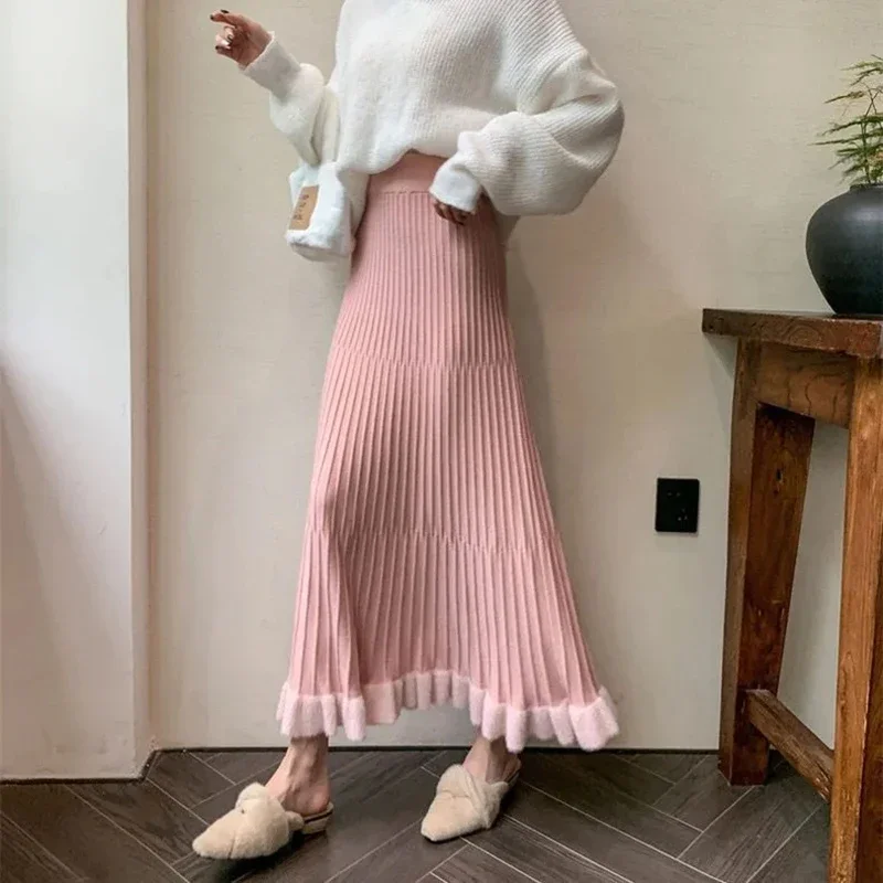 JMPRS Sweet Long Skirt Women Korean Elegant High Waist A Line Skirt Vintage Chic Warm Pink Patchwork Pleated Skirt Female New