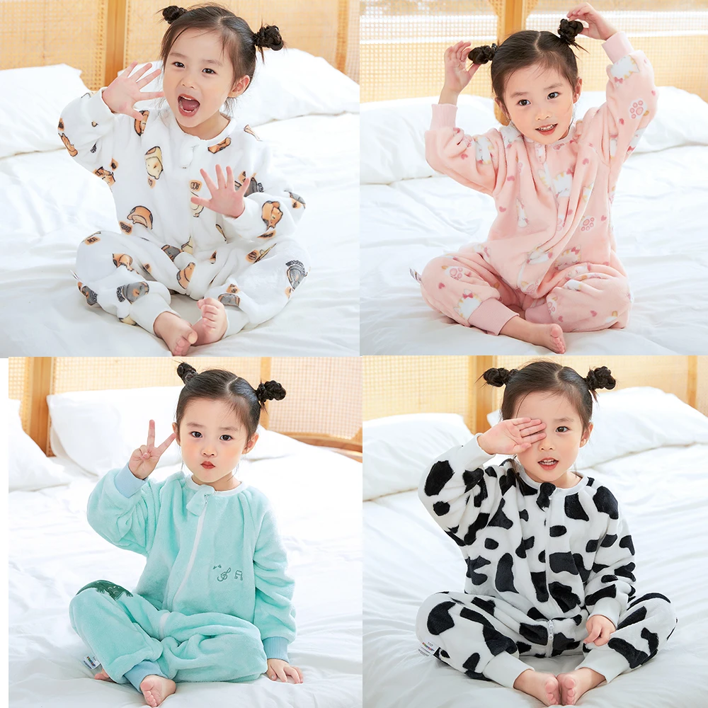 Cow Bear Kids Onesie Jumpsuit Sleeping Wear Winter Flannel Boys Sleep Bag Little Girl Pyjama Bodysuit Thick Warm Kawaii Clothes