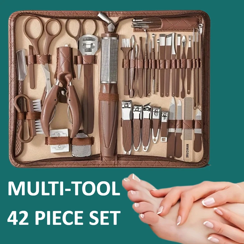 42pcs Pedicure Kit Modern Style Brown 42pcs Stainless Steel Nail Clipper Set, Portable Pedicure and Ear Pick Tools, Home Use Nai