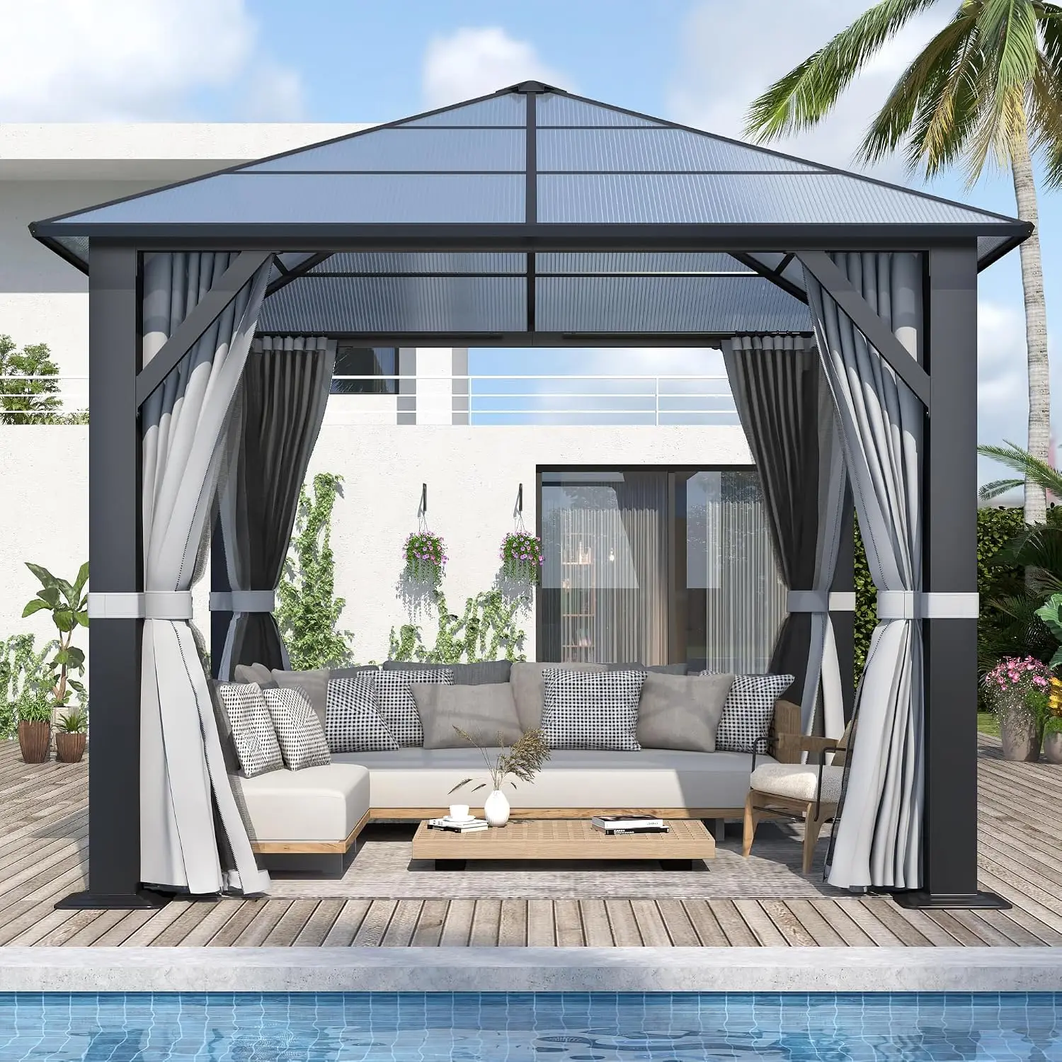 10'x10' Hardtop Patio Gazebo Polycarbonate Roof Waterproof Steel Frame Curtains Netting Backyard Garden, Customized
