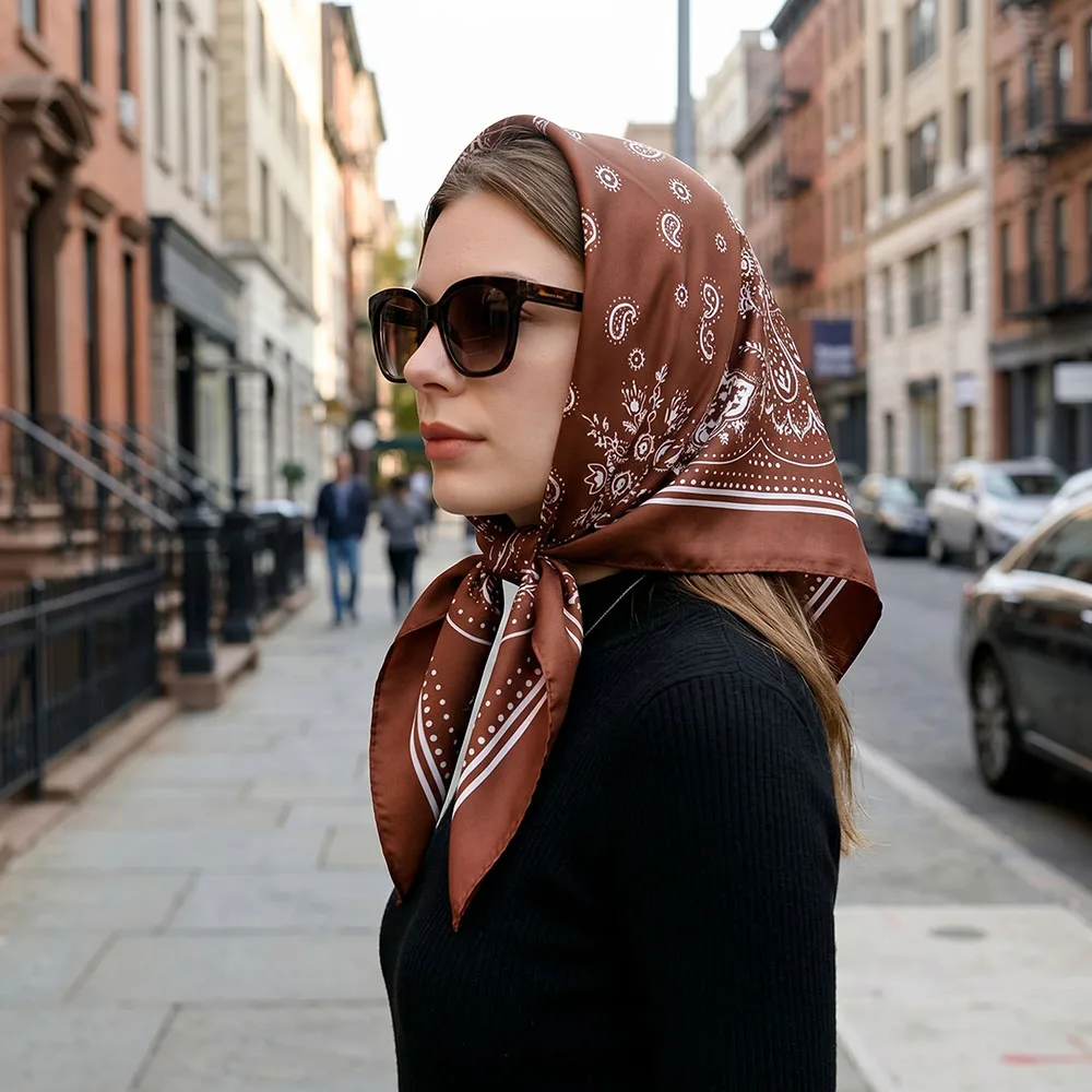 

70cm Cashew Flower Pattern Silk Square Scarf Women Neck Hair Tie Band Satin HandKerchief Sunscreen Headscarf Female Foulard