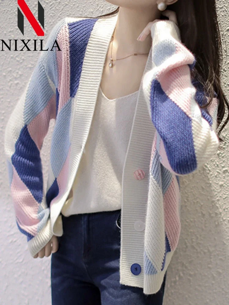 New In Winter Autumn Women\'s Knitted Cardigan Jacquard V-neck Sweater Loose Fashion Color Matching Short Coat Long Sleeved Tops