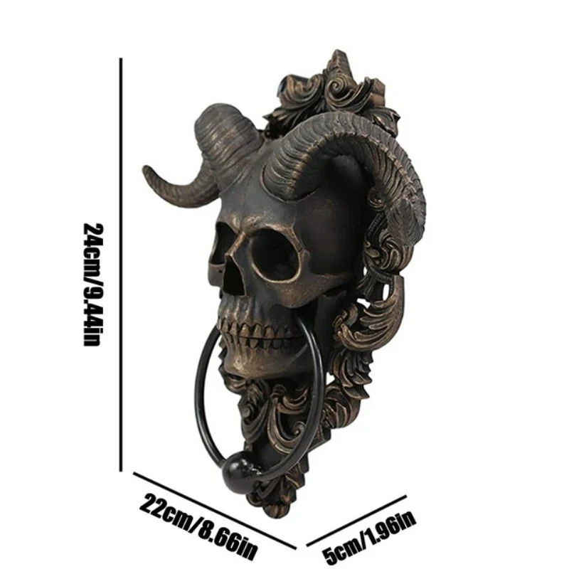 Horned Skull Statues Hanging Door Knocker Vintage Iron Shofar Heavy Duty Gothic Doorknocker Door Handle Perfect Decoration Home