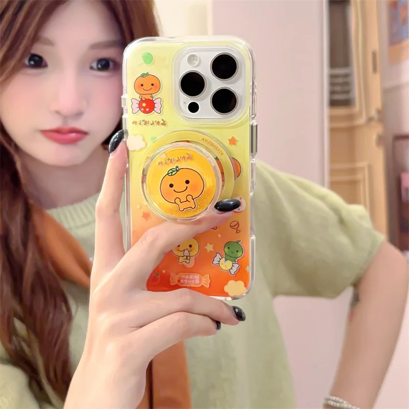 

Kawaii Orange Magnetic Phone Case For iPhone 16 Pro 15 14 13 12 Pro Max Cover with Magsafe Quicksand Stand Air bag Cute Cases