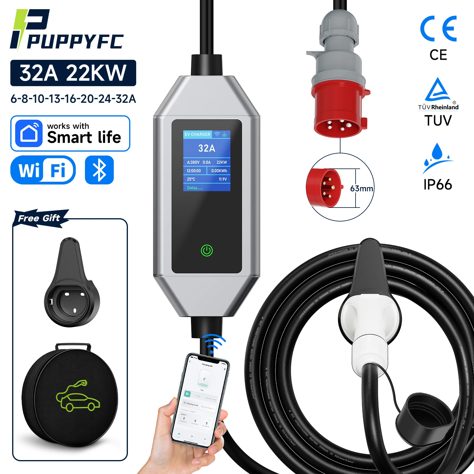 

Puppyfc Fast 22KW High Power EV Charger 32A 3Phase Type2 Portable Charging Station GB/T Standard for Electric Vehicle Charging