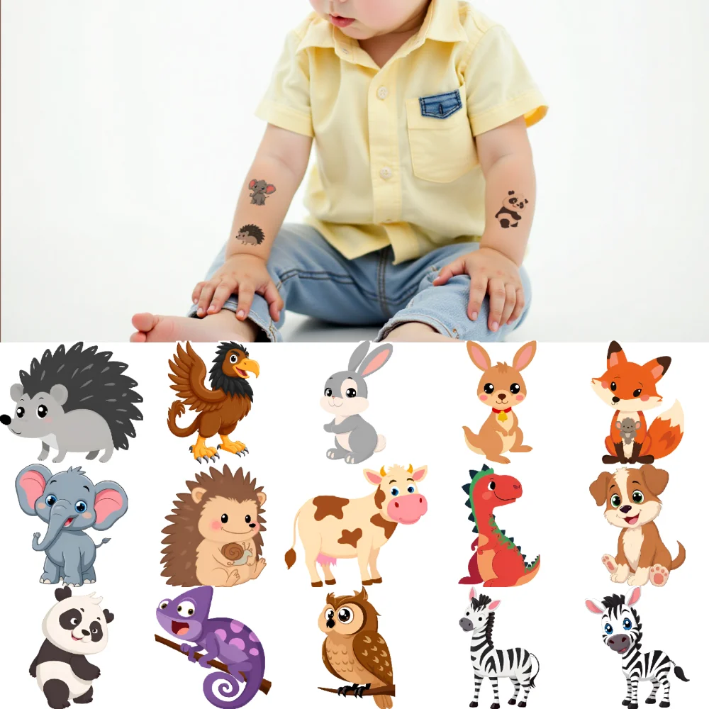 

54 шт., временные татуировки с изображением кота, водонепроницаемые долговечные наклейки на тело, лягушка, верблюд, мультяшный еж для щек, мальчиков, плеч