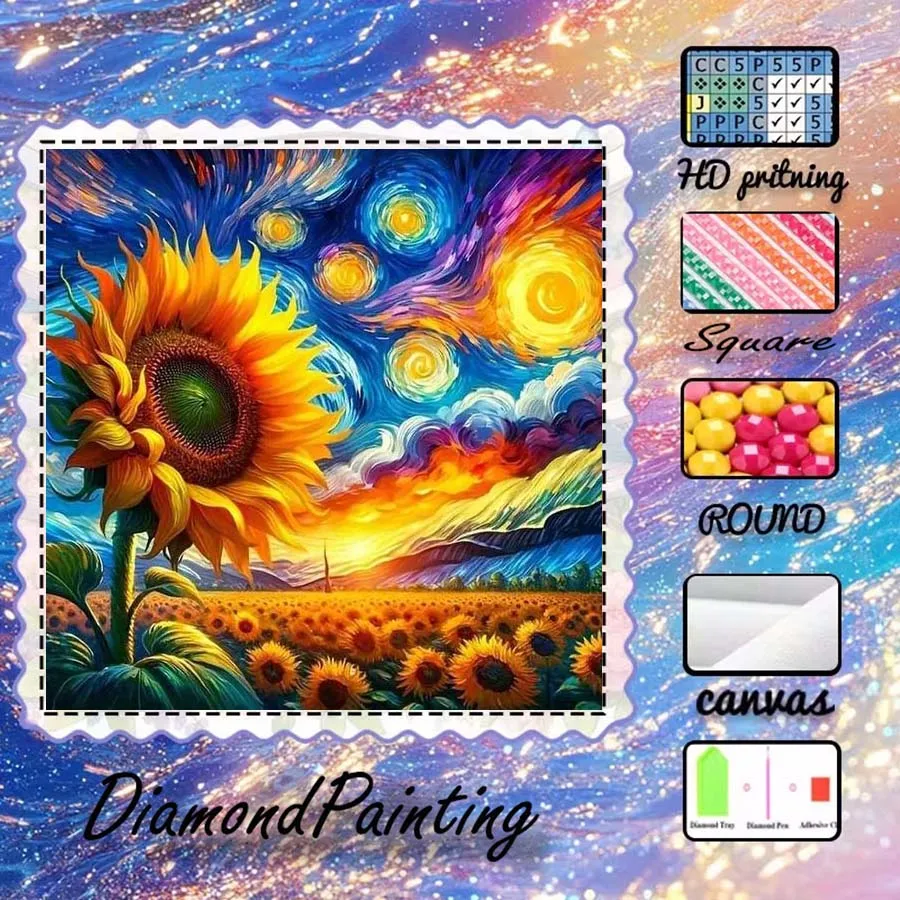 1 piece 5D DIY flocking cloth, special drill, diamond painting kit, sunflower, starry night, pattern mosaic, diamond art