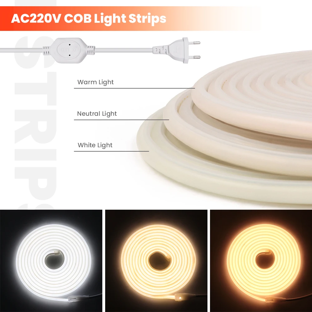 Tira de luz de neón COB de 220V 288LEDs 6-8W/m con enchufe europeo luz LED de neón Flexible impermeable uso exterior tira de neón COB 0,5-100M