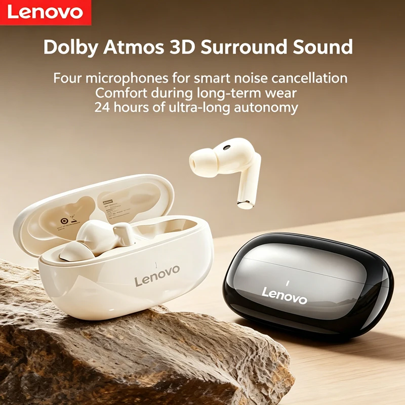 Lenovo TA210 Bluetooth Earbuds 24 Hours Total Battery Life  ENC Dual Mic  Clear Call IPX5 Sweatproof Portable Charging Case For