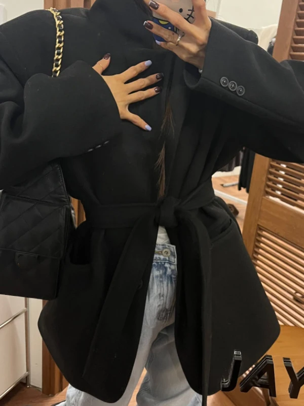 Retro Woolen Suit Jaet Women's Winter New Sle Aosphere Sensation Clothing Korean Loose Belted Waist-Cinching Top