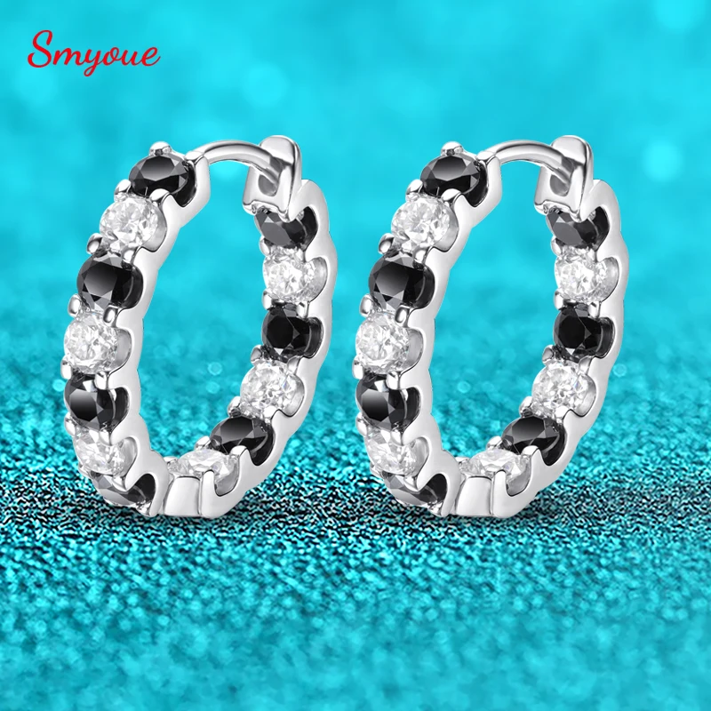 

Smyoue 3mm White-black Full Moissanite Hoop Earrings for Women Sparkling Wedding Jewelry 925 Sterling Silver Plated Rhodium GRA