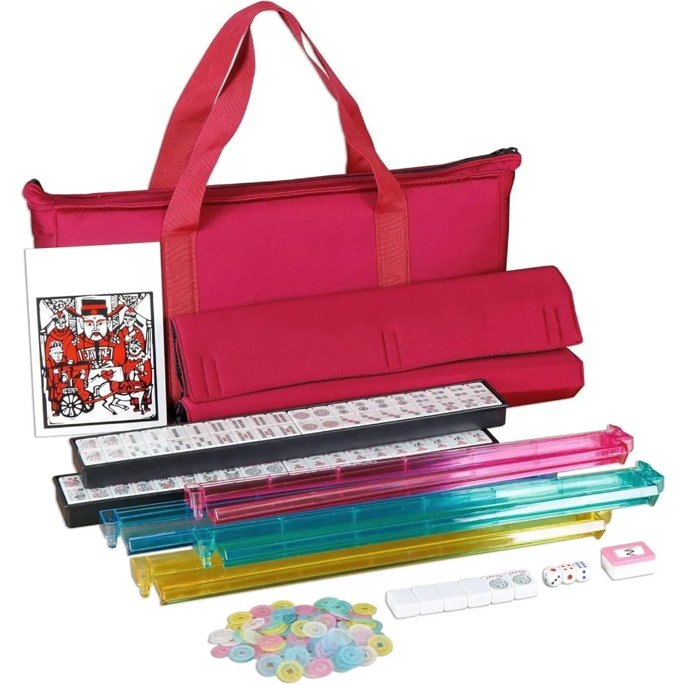 

Complete American Mahjong Set with 166 Tiles 4 Colors All-in-One Rack Pushers Red Soft Bag and Accessories for Party
