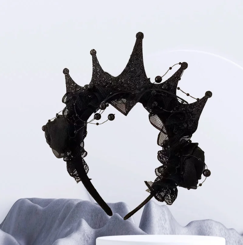 Gothic Black Rose Lace Crown Headband for Women Halloween Victorian Elegant Headwear Hair Accessories for Party Wedding Cosplay