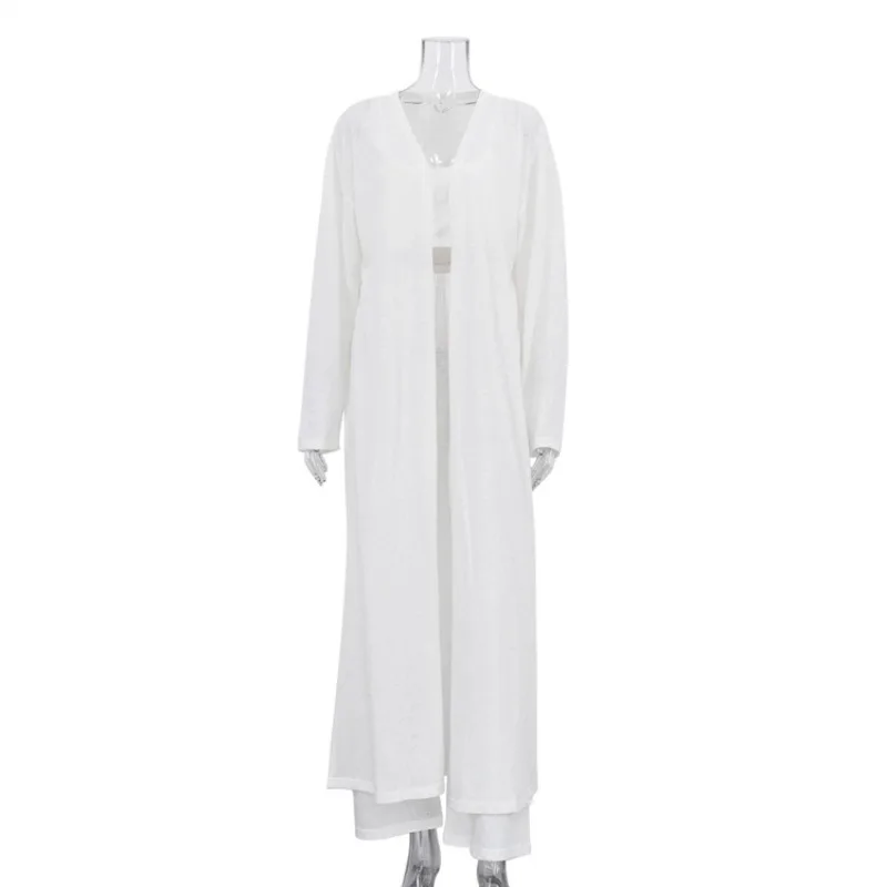 

2026 Spring and Summer Casual Fashion Suit Women's Long-sleeved Cardigan Robe Vest Wide-leg Pants Three-piece Set