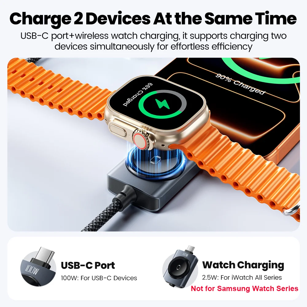Toocki 100W USB C To USB C Cable 2-in-1 Fast Charging Magnetic Watch Cable For iPhone 17 16 Samsung S25 2.5W For iWatch Series