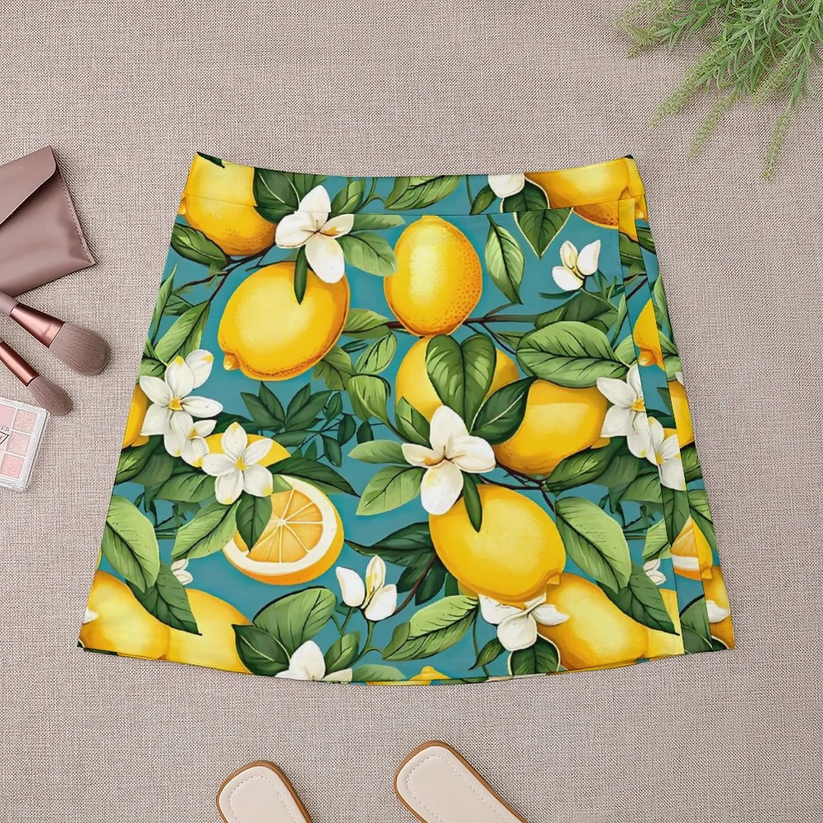 Lemons in Tropical Leaves Skirt Female Fruit Print Trendy Mini Skirts Summer Harajuku High Waist Oversize Casual A-line Skirt