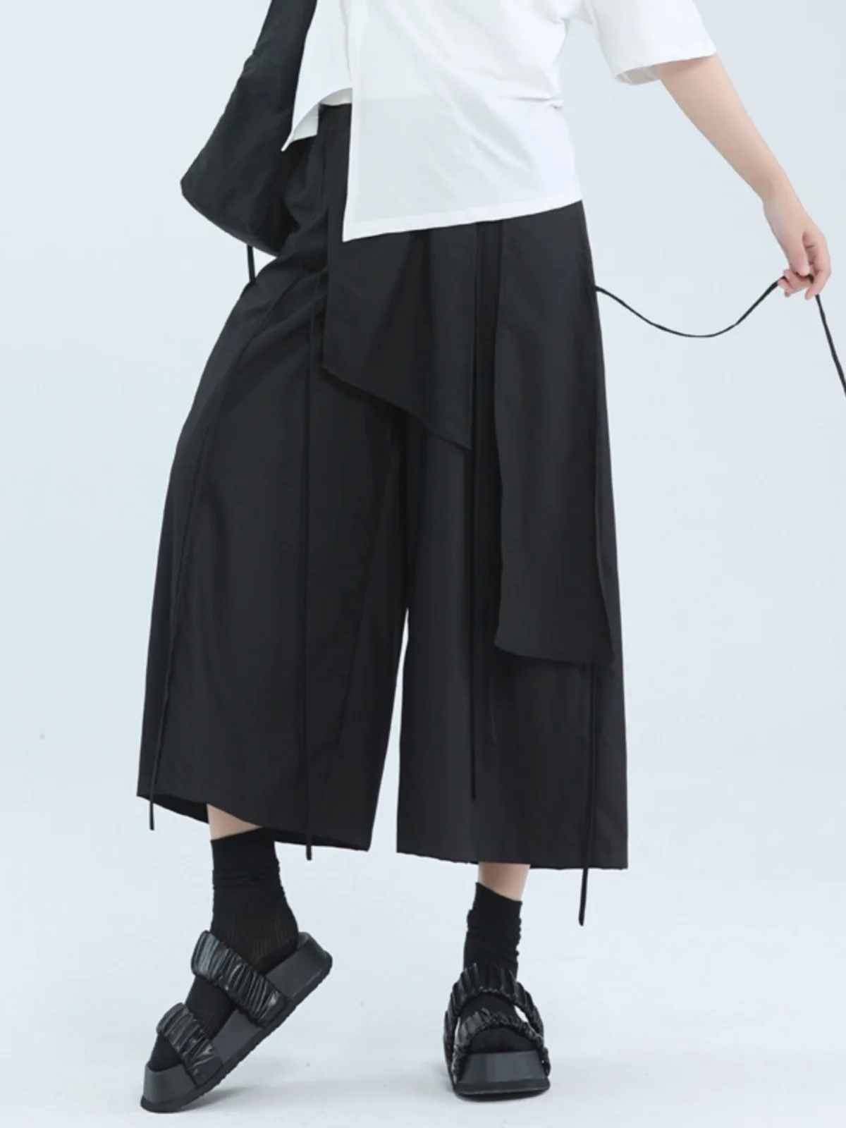 Tannt Women Pant Asymmetry Elastic Waist Wide Leg Pants Asymmetry High Waist Black Sweatpants Women 2024 New Leisure Trousers