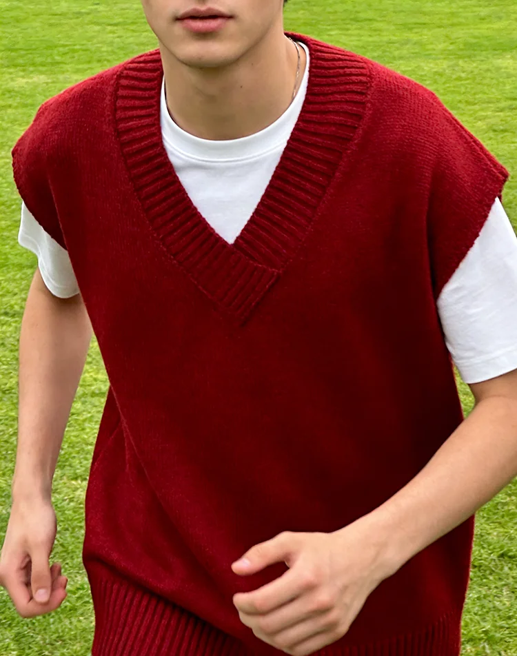 

Свитер Жилеты для мужчин Без рукавов Весна Лето Мужская одежда Однотонный V-образный вырез Базовый BF Нежный боковой разрез Красивый Homme Повседневные поездки