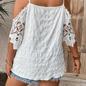 Plus Size Sommer weiblich elegant aus Schulterblauen Casual Hemd Mode losen Spitzenklappen fester sexy Ausschnitt in V -Tops 10 Hauptverkäufe Black Plus Size Bluse - №6