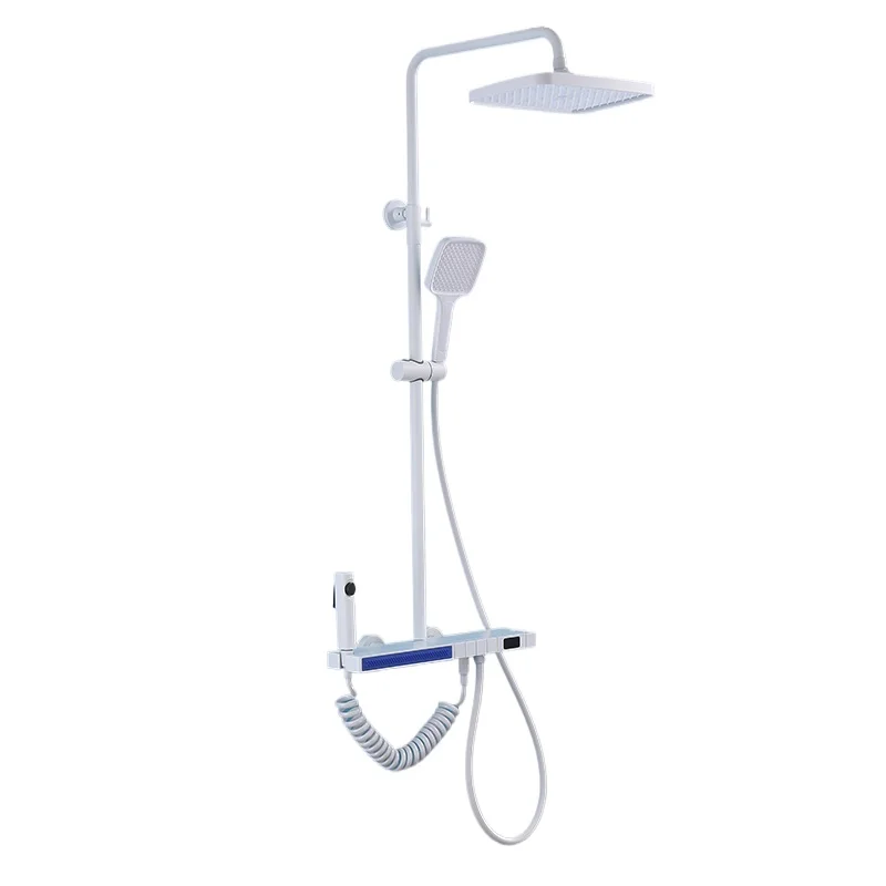 طقم دش ثرموستاتي من النحاس بالكامل مع رذاذ يدوي ورف عريض ودش مضغوط كبير الحجم باللون الأبيض