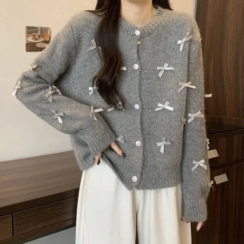 

New Bow Knitted Sweater Top Women's Cardigan Short Loose Round Neck Fashion Soft Coat Grey Knitted Cardigan Pull Femme Sweater