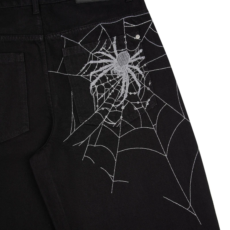 Mens Jeans Spider Web Embroidery Denim Pants Harajuku Unisex Loose Fit Straight Leg Wide Leg Streetwear Casual Fashion Trend New view 3