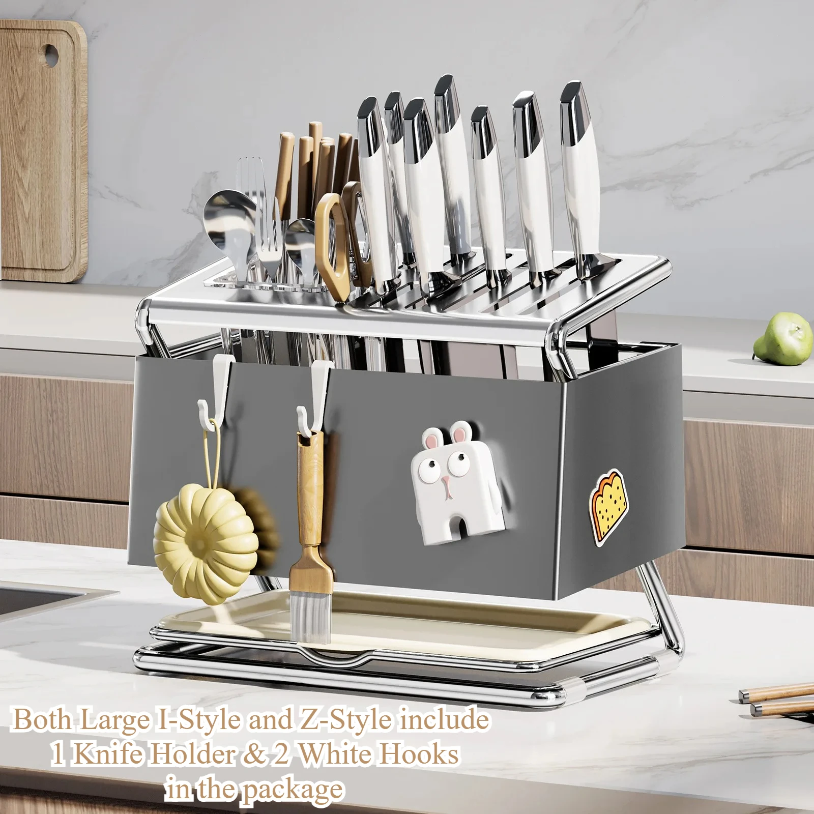 5-In-1 Knife Storage Rack Tabletop & Wall-Mounted Kitchen Tableware Organizer No-Drill Carbon Steel Knife Holder with Drain Tray